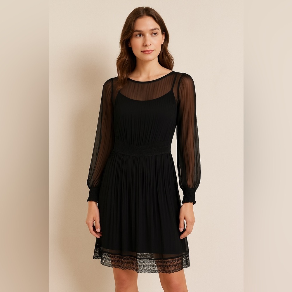 Black Tape NEW Pleated Long Sleeve Black Cocktail Party Dress with Lace- Size XS